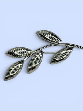 Art Deco Vintage Sterling Silver Brooch Ribbed Leaves Stem Marked